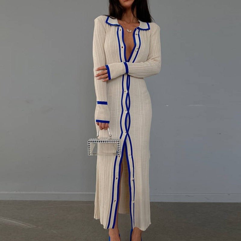 Ladies Slim Fitting Lapel Long Sleeve Cardigan Dress - Just Enuff Sexy