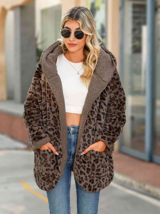 Leopard Hooded Coat with Pockets - Just Enuff Sexy