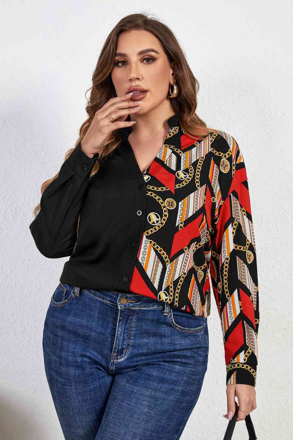 Melo Apparel Plus Size Contrast Color Notched Neck Shirt - Just Enuff Sexy