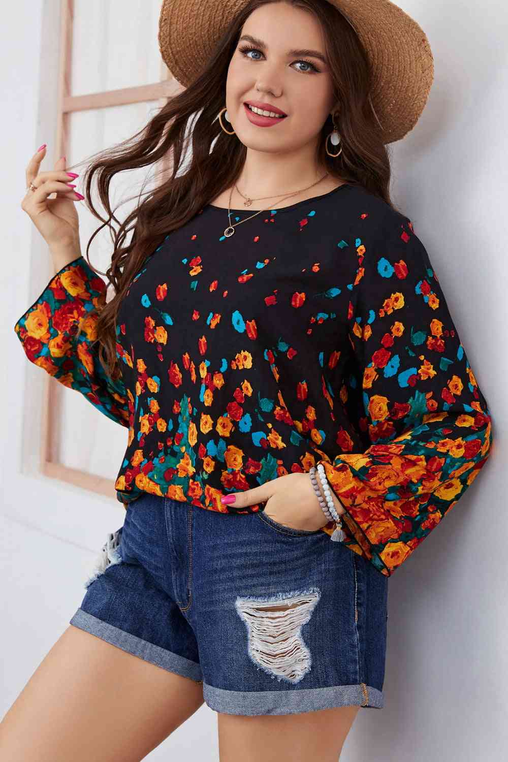 Melo Apparel Plus Size Floral Round Neck Long Sleeve Blouse - Just Enuff Sexy