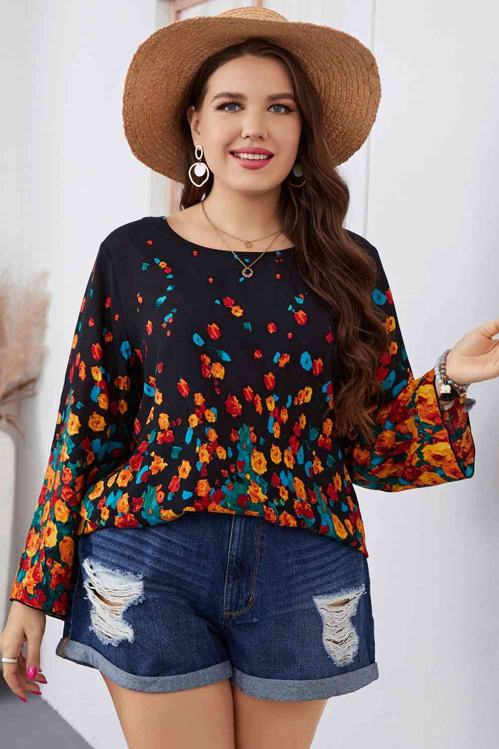 Melo Apparel Plus Size Floral Round Neck Long Sleeve Blouse - Just Enuff Sexy