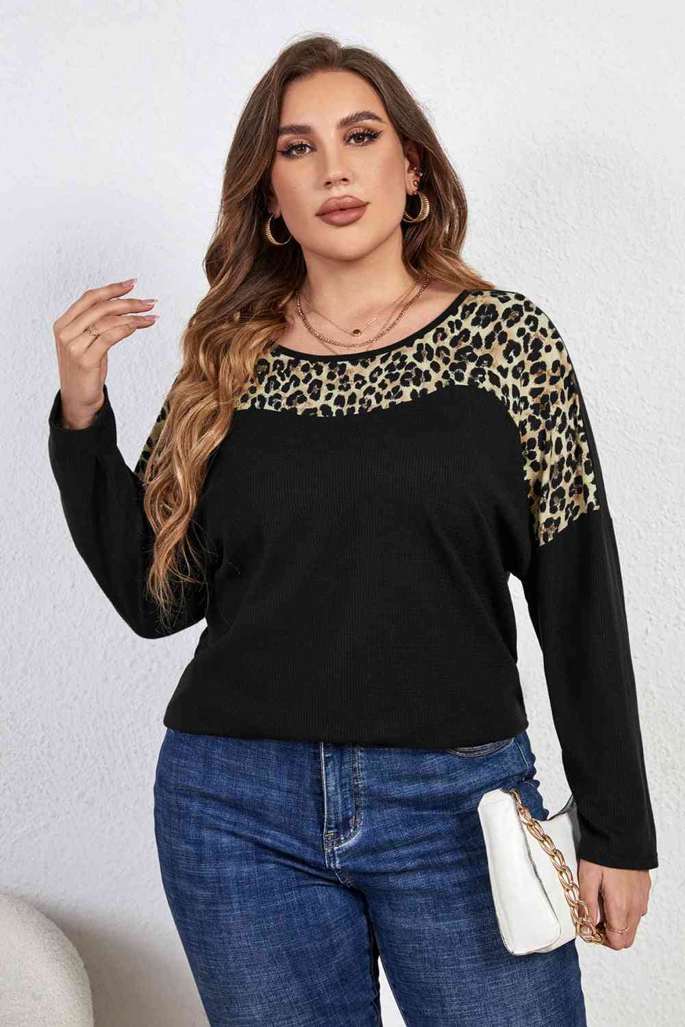 Melo Apparel Plus Size Leopard Trim Round Neck Long Sleeve Tee - Just Enuff Sexy