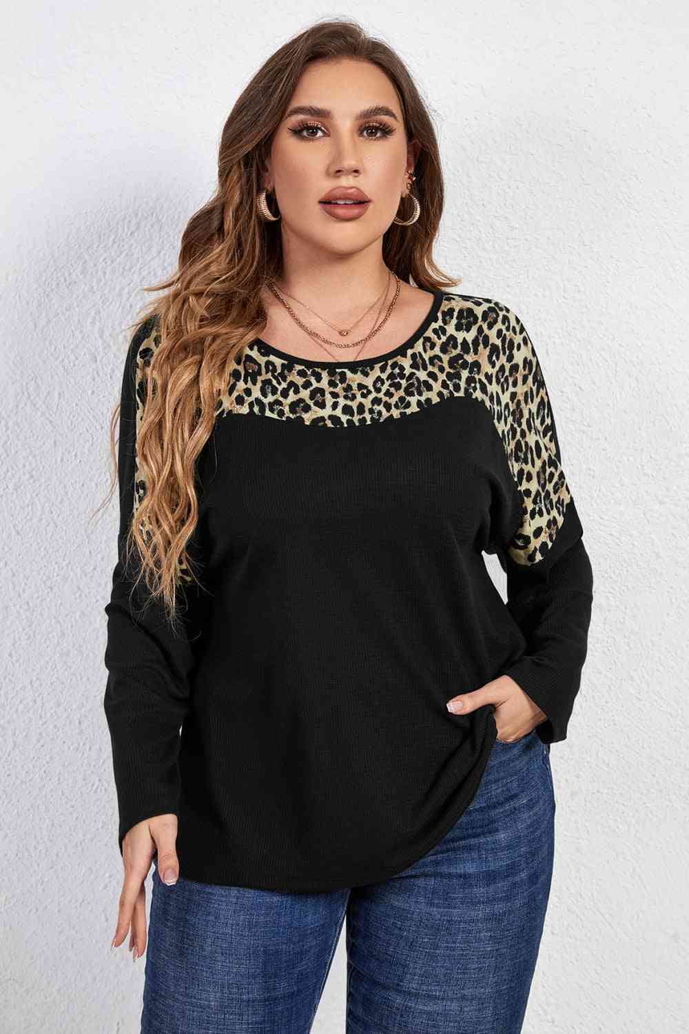 Melo Apparel Plus Size Leopard Trim Round Neck Long Sleeve Tee - Just Enuff Sexy