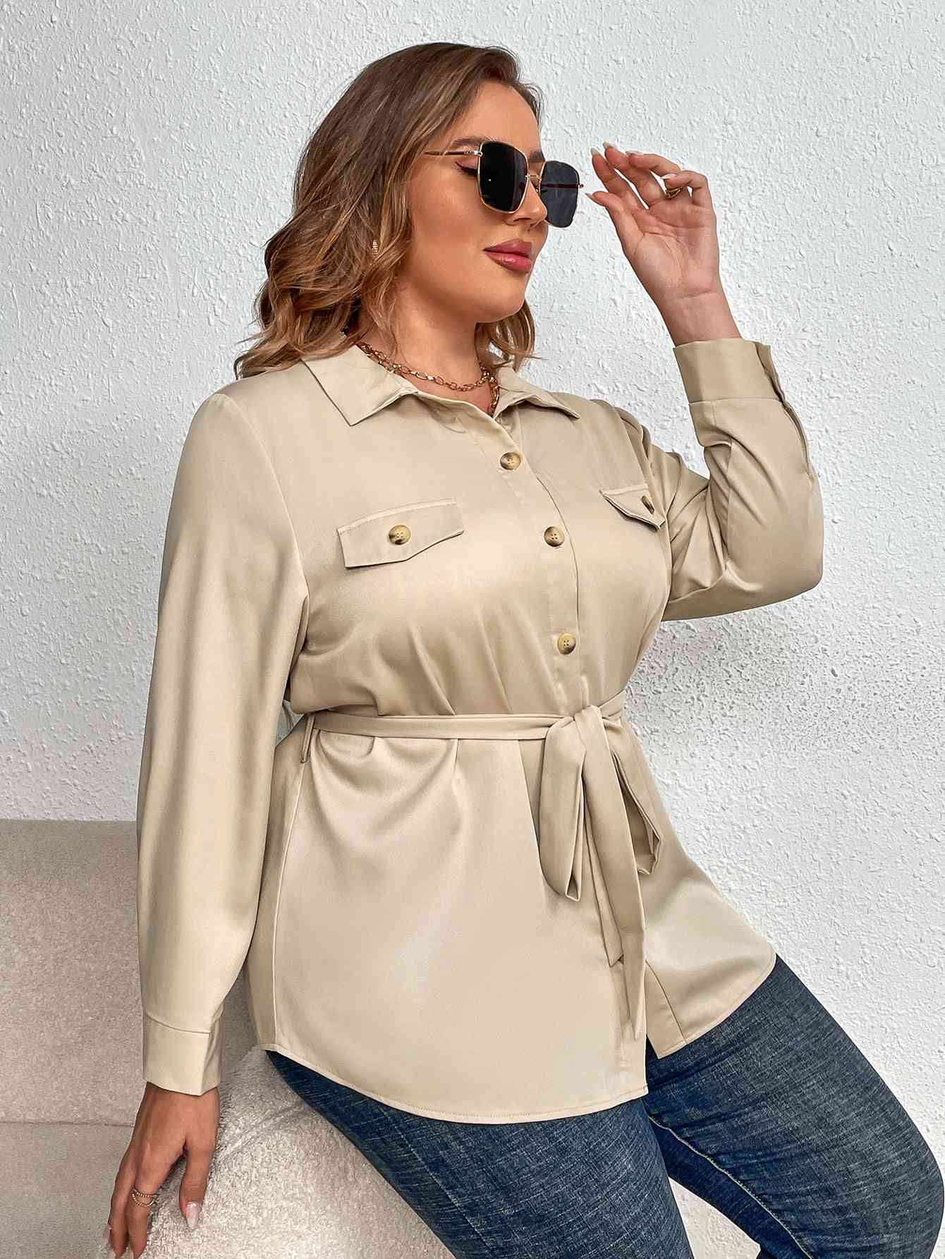 Melo Apparel Plus Size Tie Belt Long Sleeve Shirt - Just Enuff Sexy