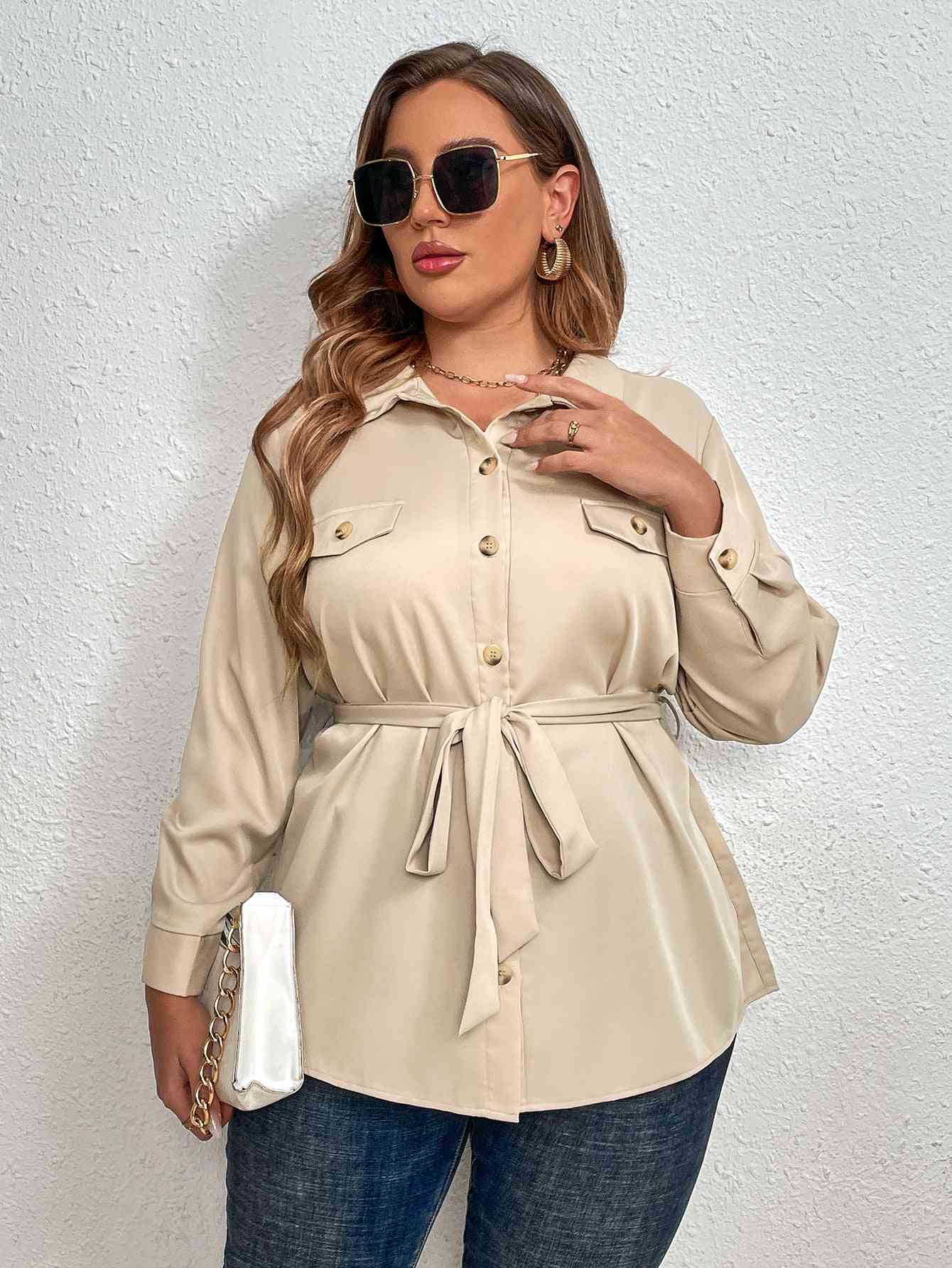 Melo Apparel Plus Size Tie Belt Long Sleeve Shirt - Just Enuff Sexy