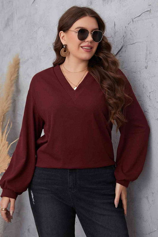 Melo Apparel Plus Size V-Neck Dropped Shoulder Blouse - Just Enuff Sexy