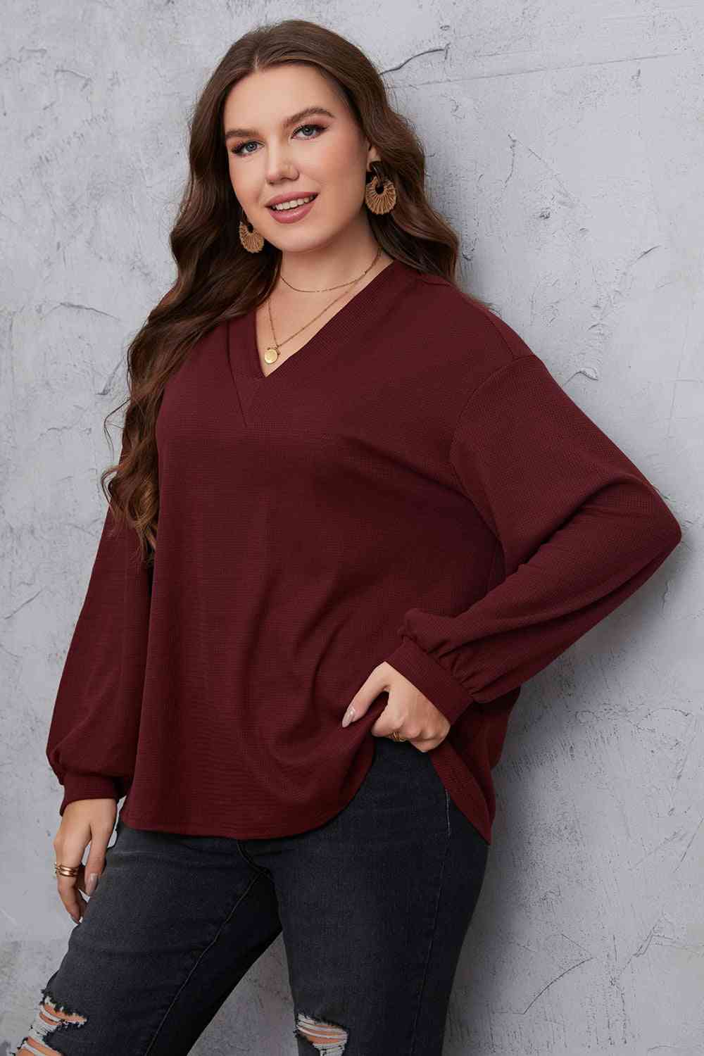 Melo Apparel Plus Size V-Neck Dropped Shoulder Blouse - Just Enuff Sexy