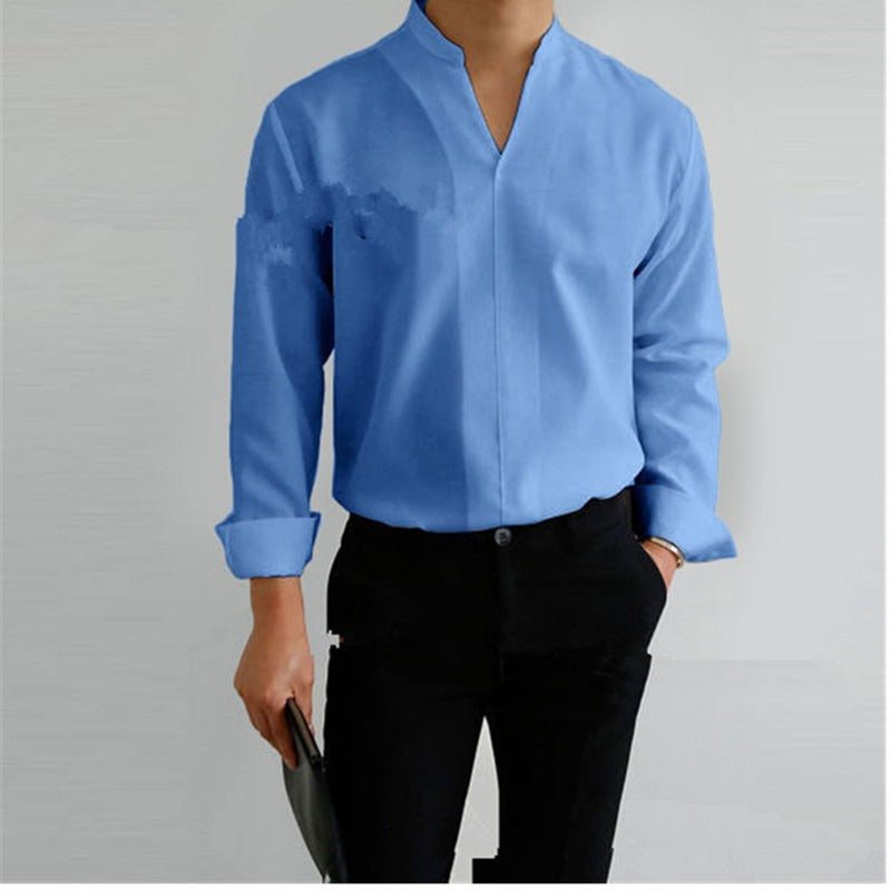 Men's Standing Collar Solid Color Long Sleeve Shirt - Just Enuff Sexy