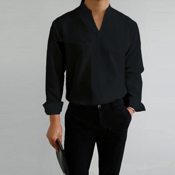 Men's Standing Collar Solid Color Long Sleeve Shirt - Just Enuff Sexy