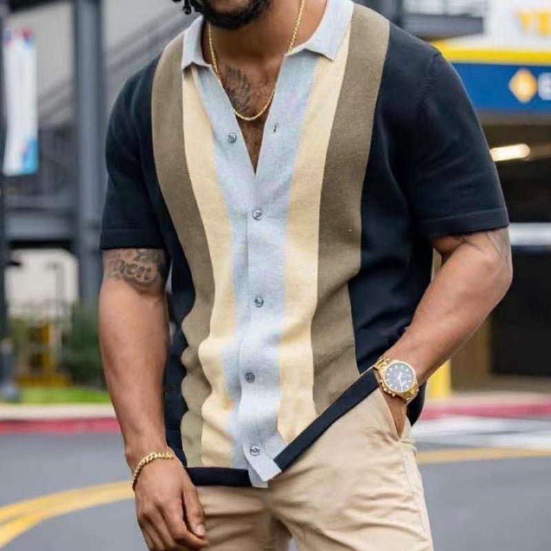 Men's Striped Casual Short Sleeved Knitted Shirt - Just Enuff Sexy