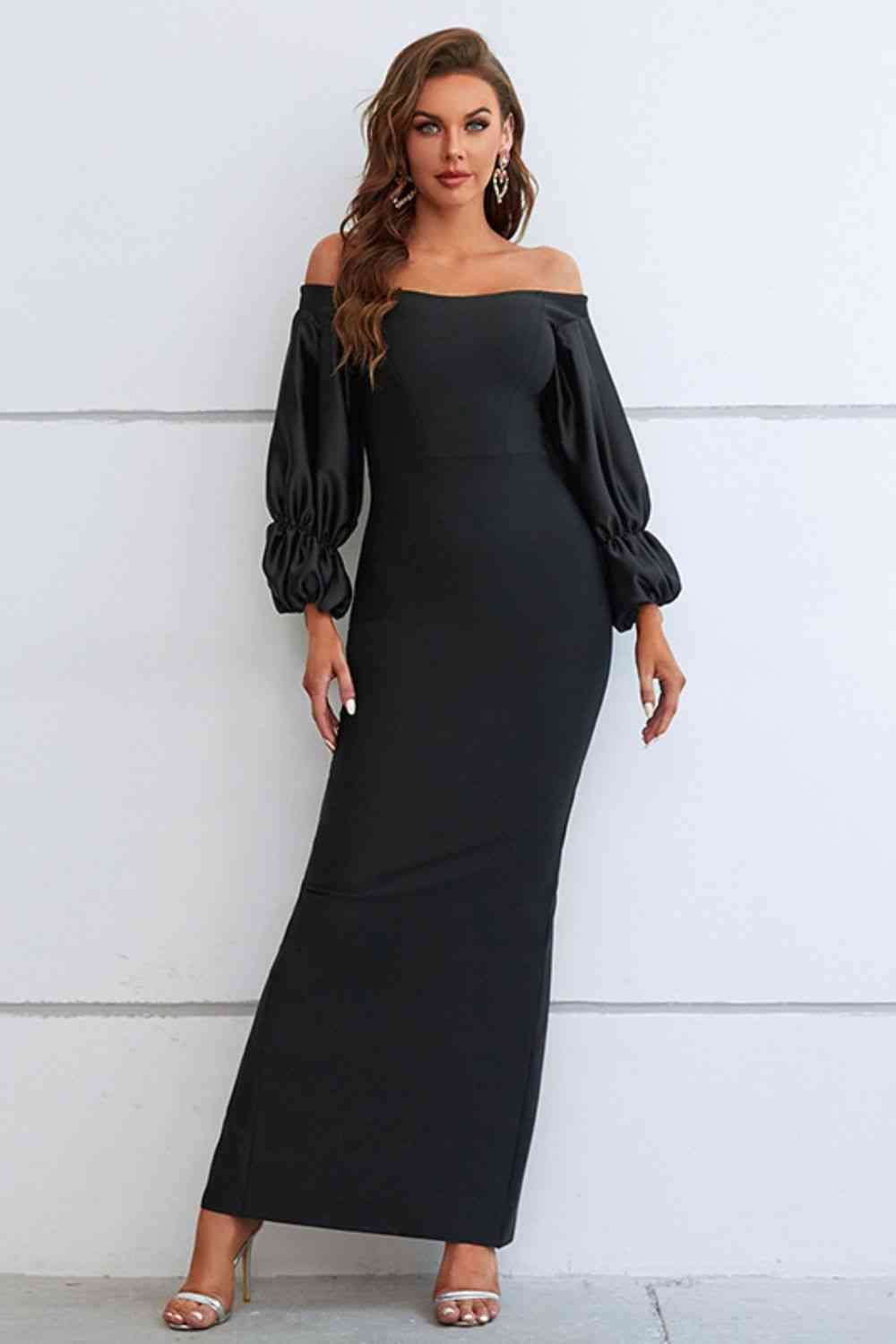 Off-Shoulder Bubble Sleeve Slit Dress - Just Enuff Sexy