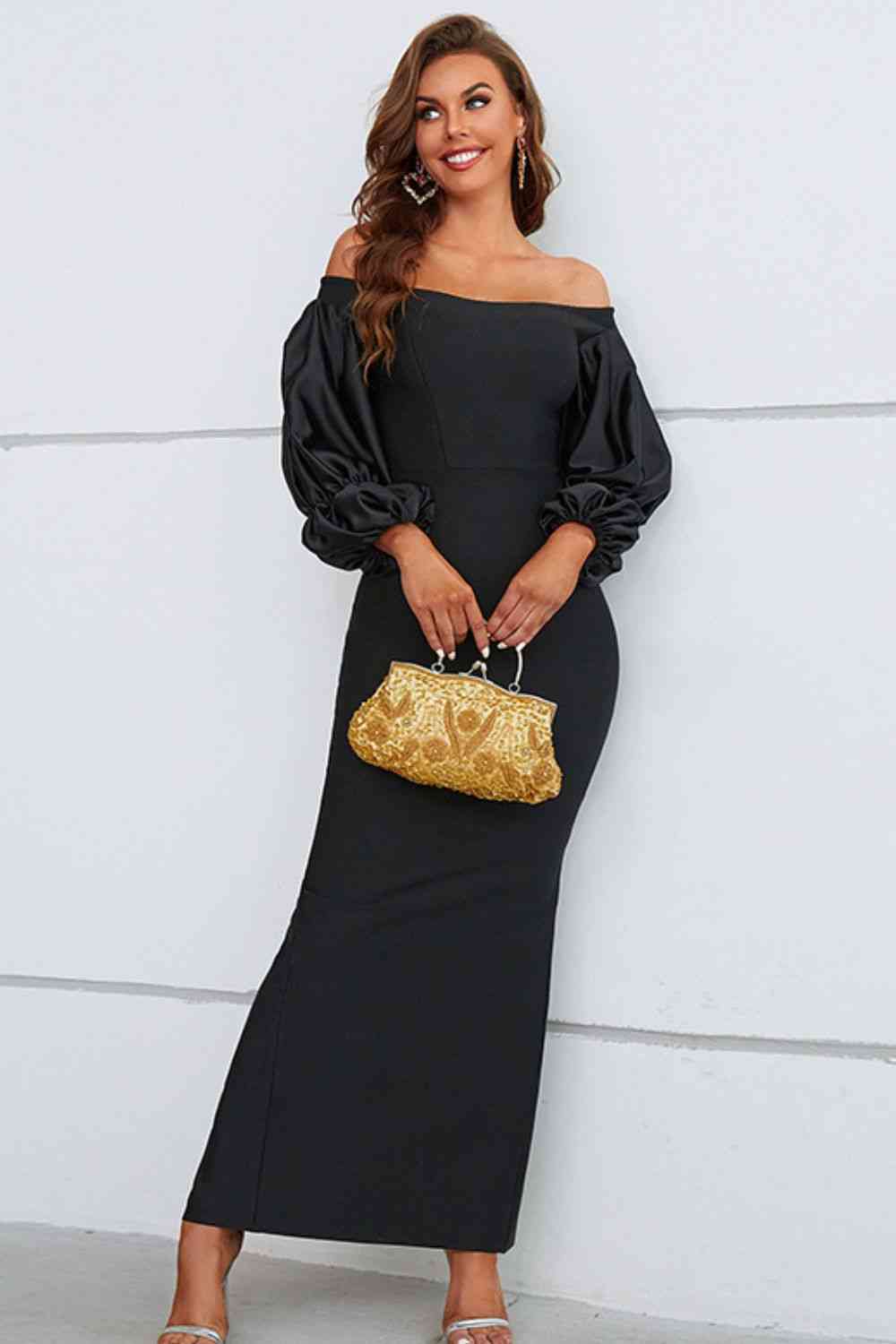 Off-Shoulder Bubble Sleeve Slit Dress - Just Enuff Sexy
