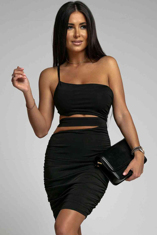 One-Shoulder Cutout Ruched Bodycon Dress - Just Enuff Sexy