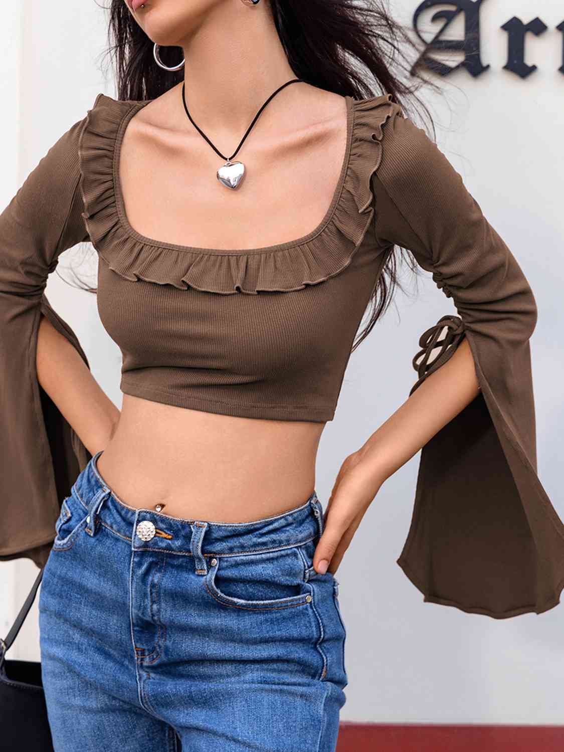 Open Bell Sleeve Square Neck Crop Top - Just Enuff Sexy