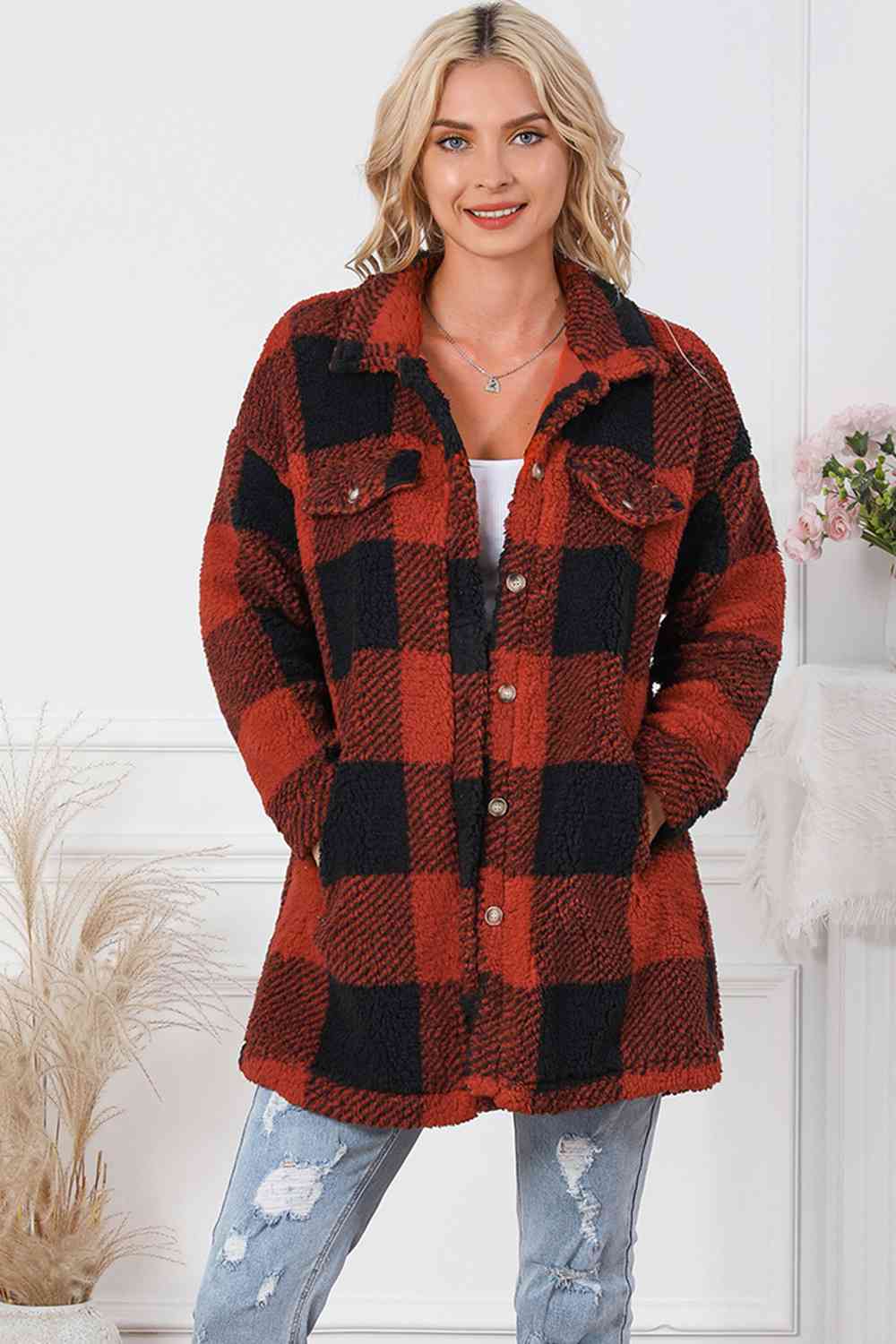 Plaid Button Down Coat with Pockets - Just Enuff Sexy