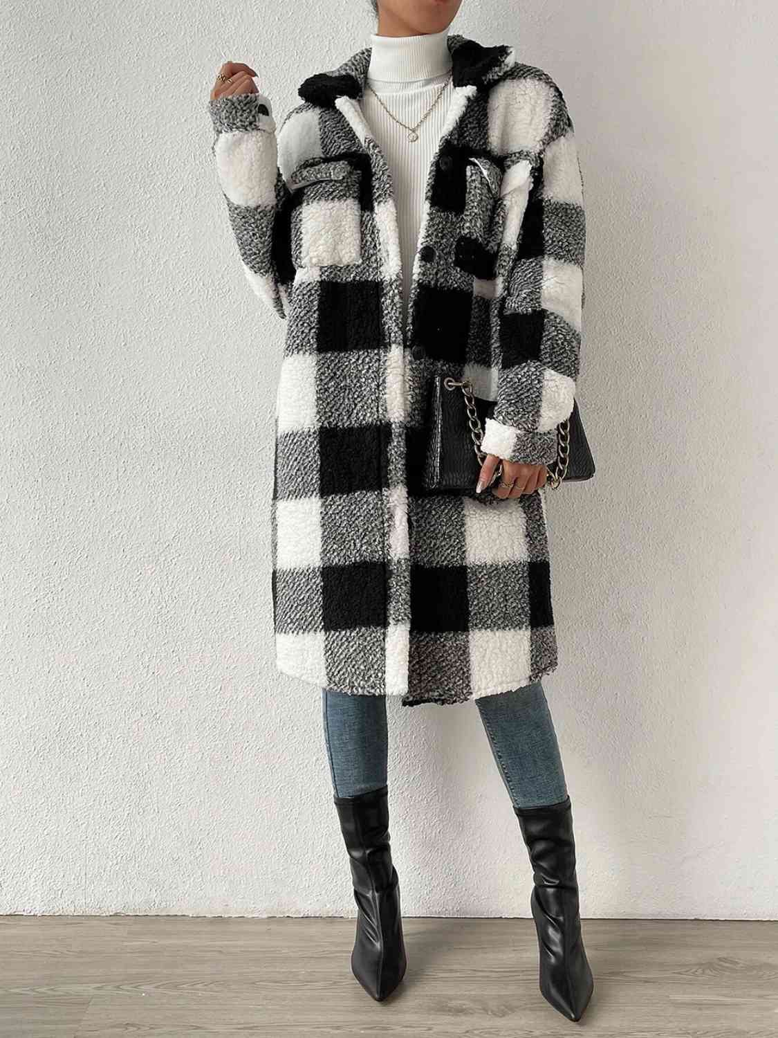 Plaid Collared Neck Button Down Coat - Just Enuff Sexy