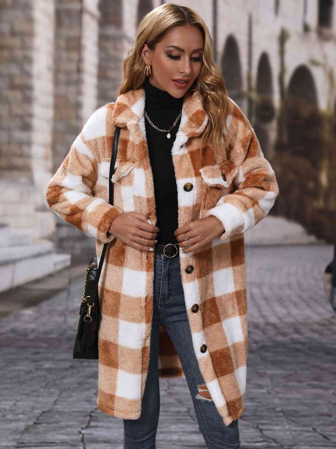 Plaid Collared Neck Button Down Coat - Just Enuff Sexy