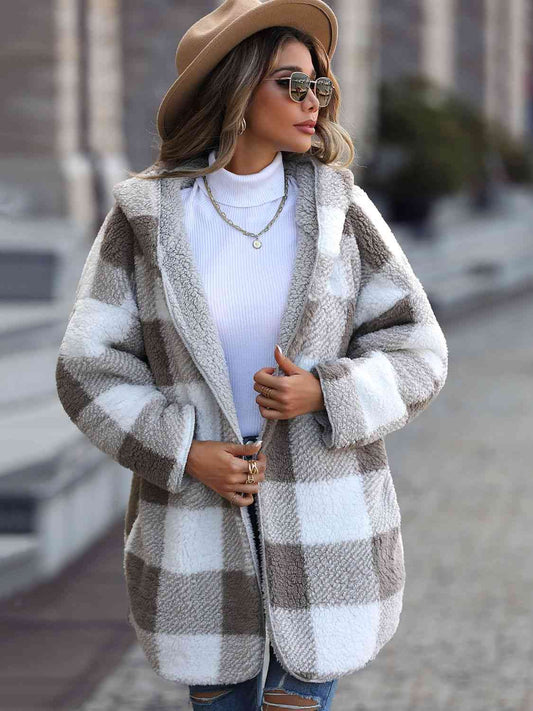 Plaid Open Front Hooded Coat - Just Enuff Sexy