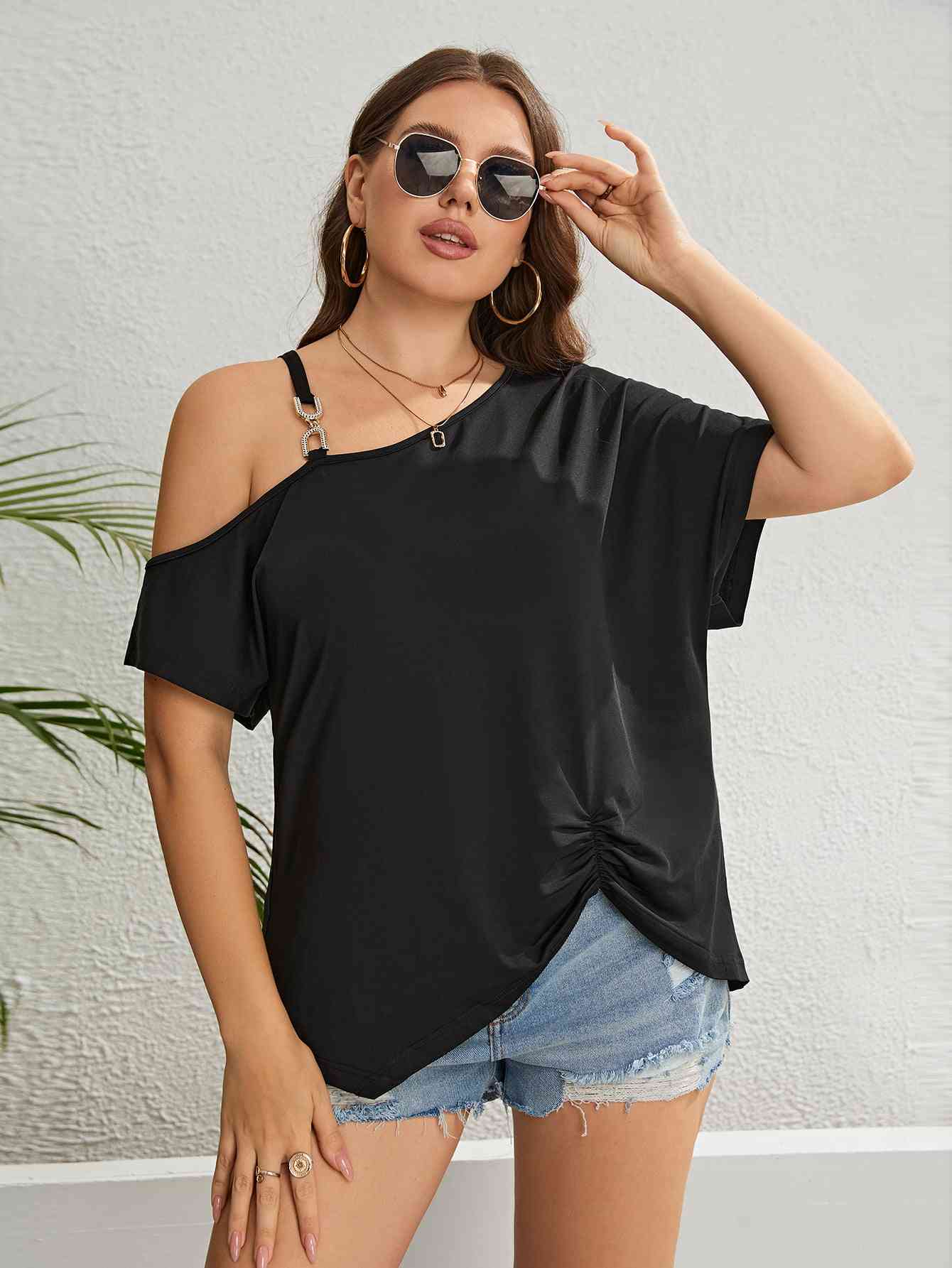 Plus Size Asymmetrical Neck Ruched Short Sleeve Blouse - Just Enuff Sexy