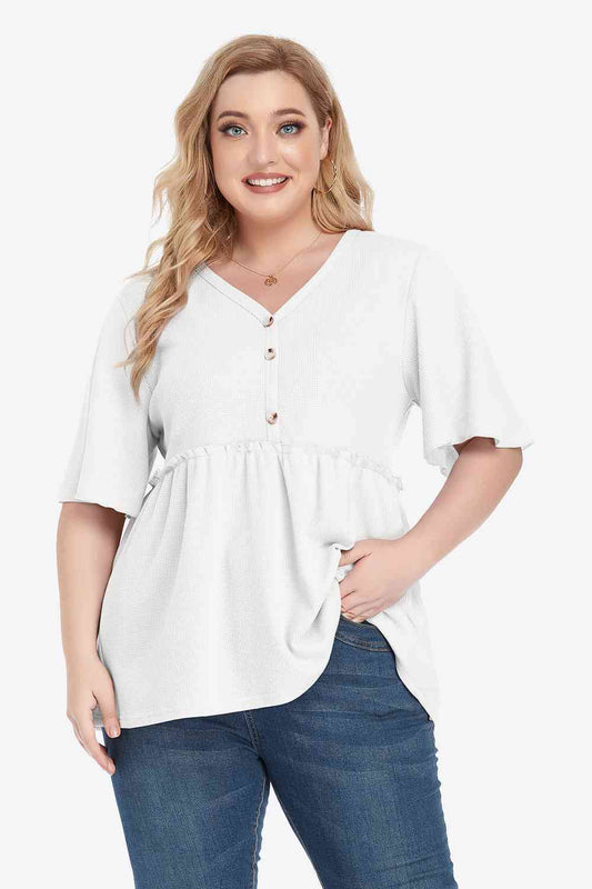 Plus Size Buttoned V-Neck Frill Trim Babydoll Blouse - Just Enuff Sexy