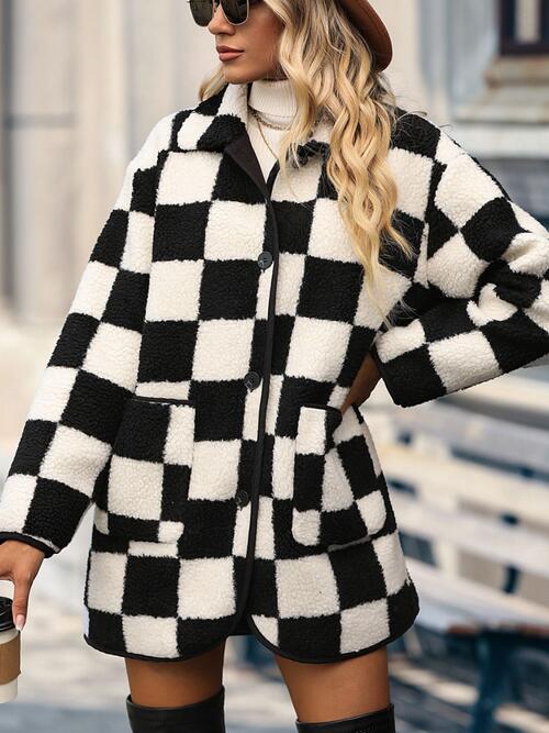 Plus Size Checkered Button Front Coat with Pockets - Just Enuff Sexy