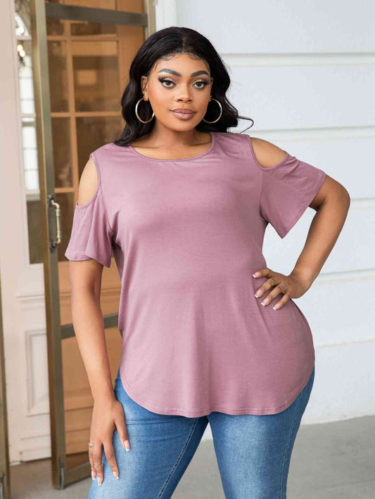 Plus Size Cold-Shoulder Round Neck Curved Hem Tee - Just Enuff Sexy