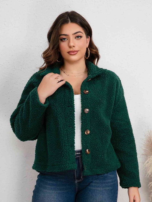 Plus Size Collared Neck Button Down Jacket - Just Enuff Sexy