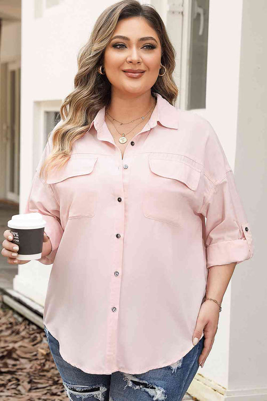 Plus Size Collared Neck Button Front Long Sleeve Shirt - Just Enuff Sexy