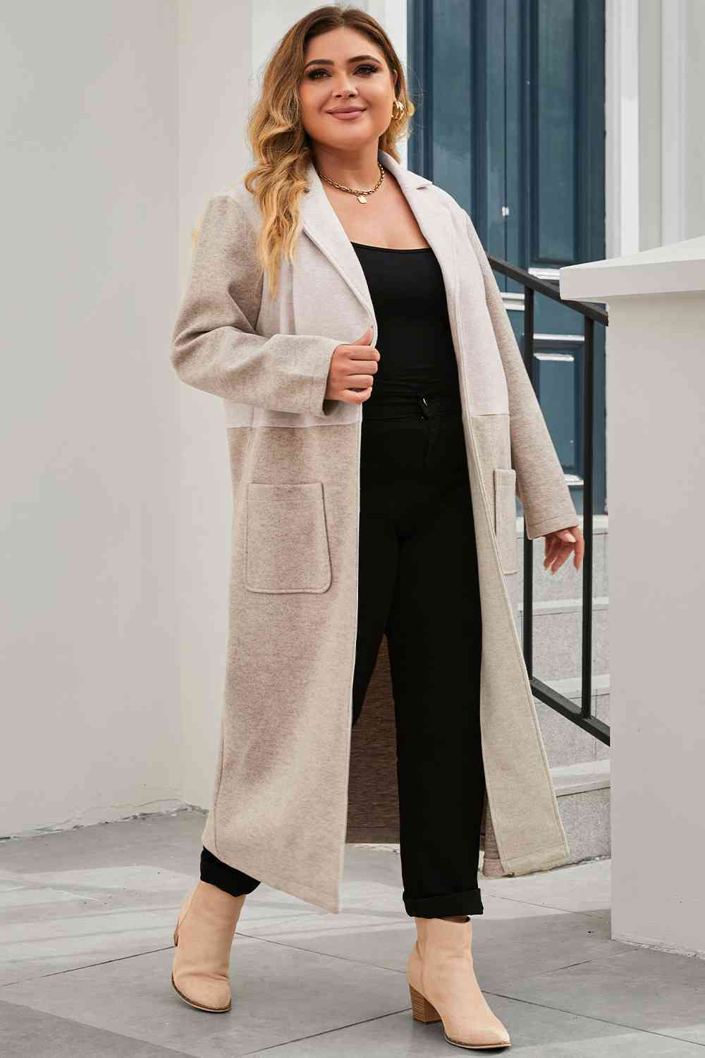 Plus Size Collared Neck Buttoned Longline Coat - Just Enuff Sexy