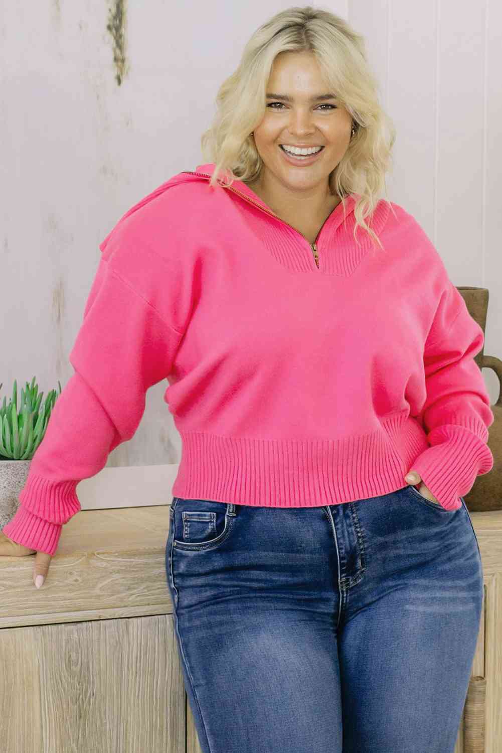 Plus Size Collared Neck Zip-Up Long Sleeve Sweater - Just Enuff Sexy