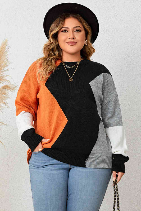 Plus Size Color Block Round Neck Knit Top - Just Enuff Sexy