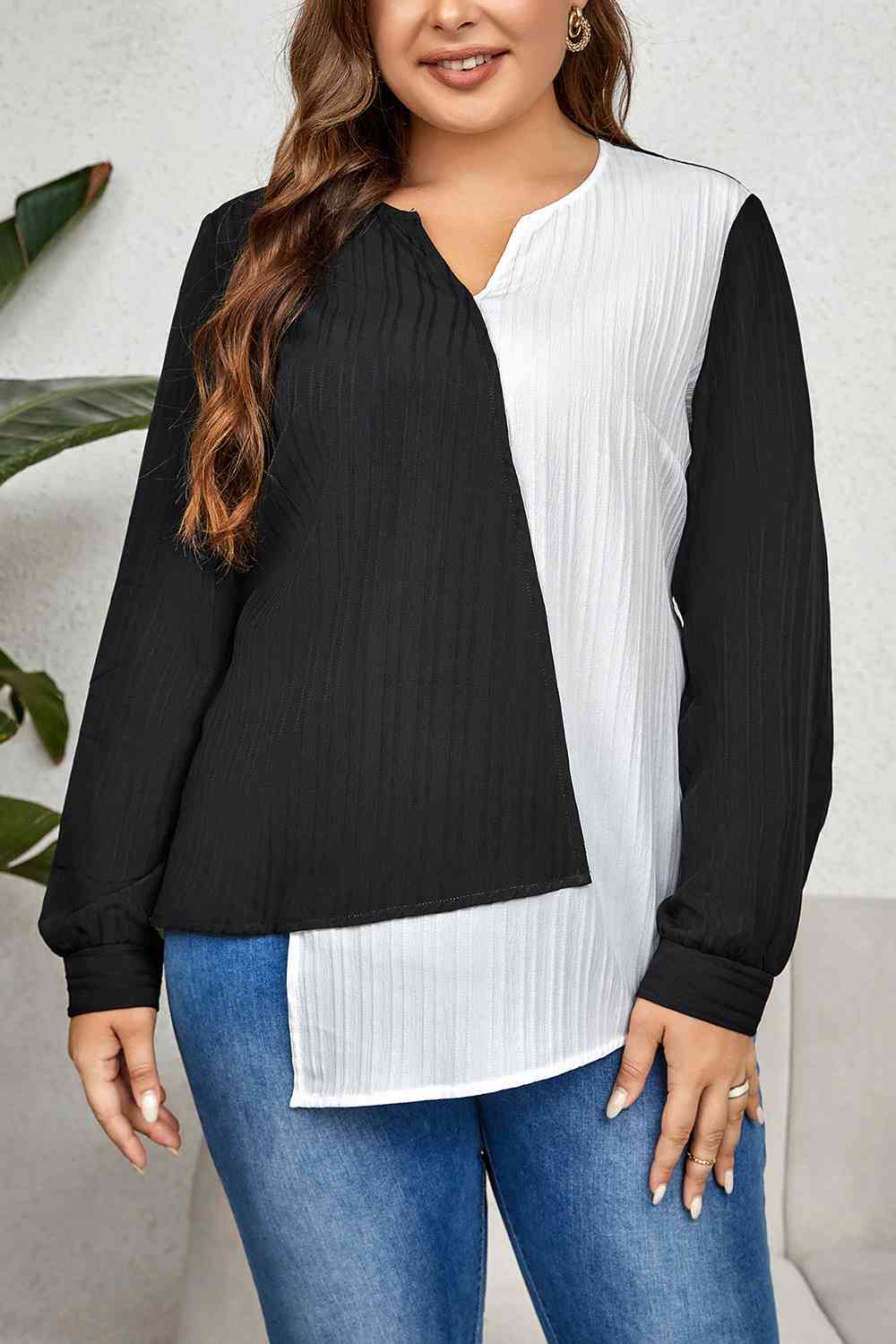 Plus Size Contrast Asymmetrical Long Sleeve Top - Just Enuff Sexy