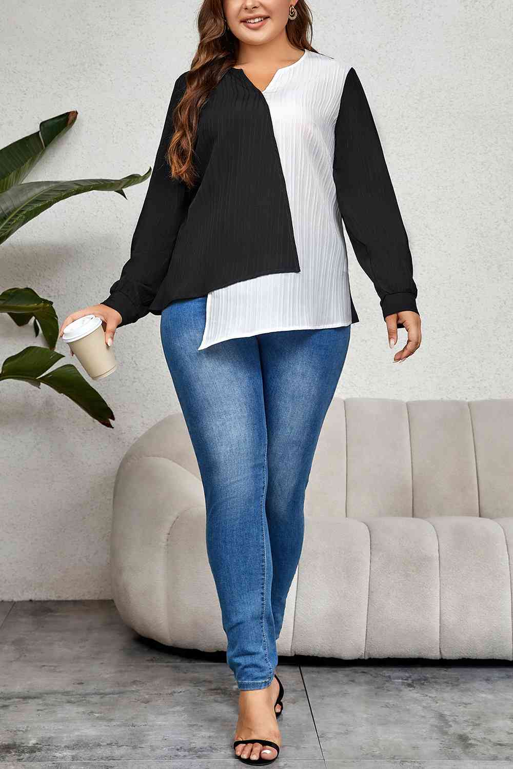 Plus Size Contrast Asymmetrical Long Sleeve Top - Just Enuff Sexy