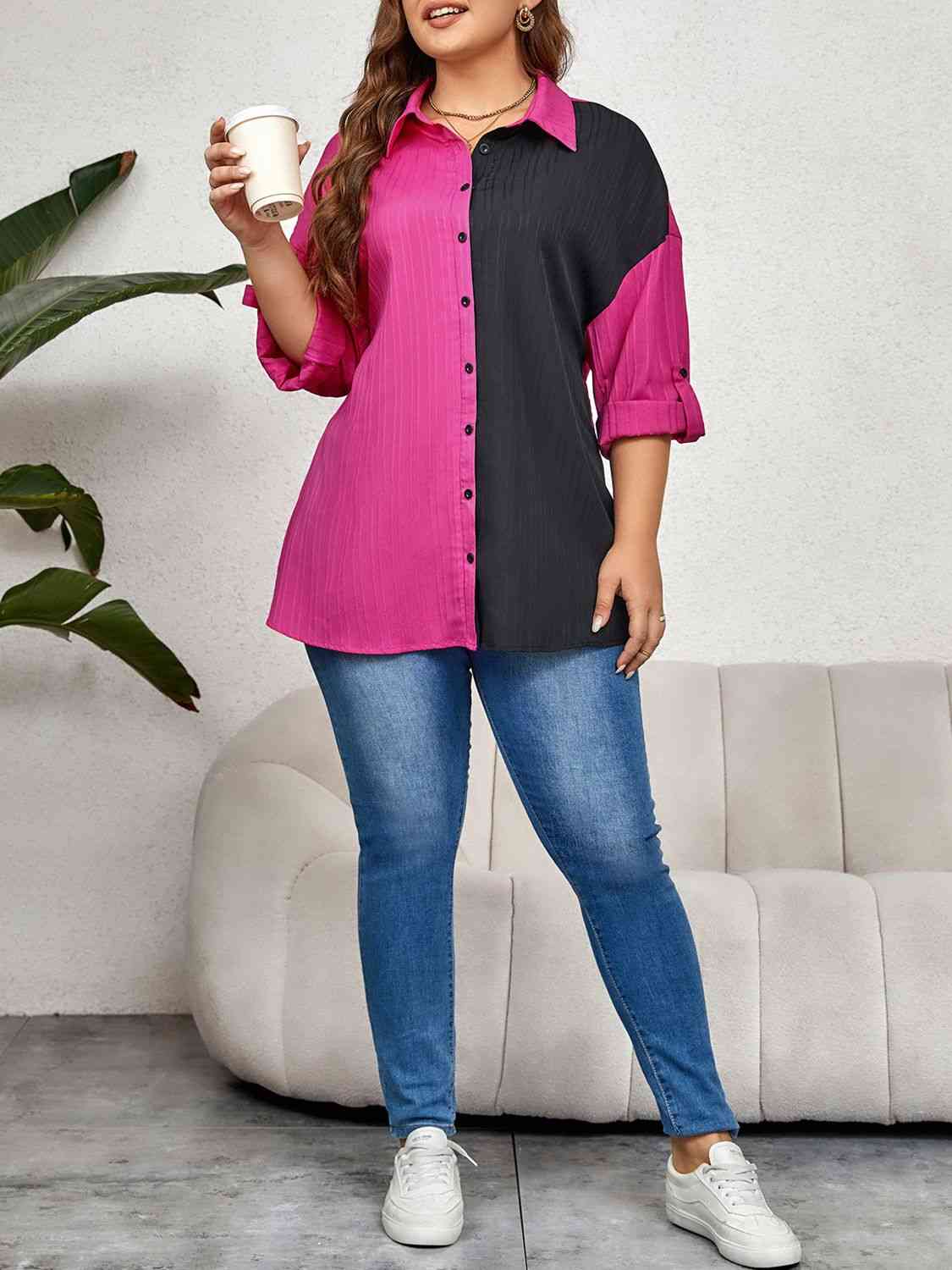 Plus Size Contrast Color Roll-Tap Sleeve Shirt - Just Enuff Sexy