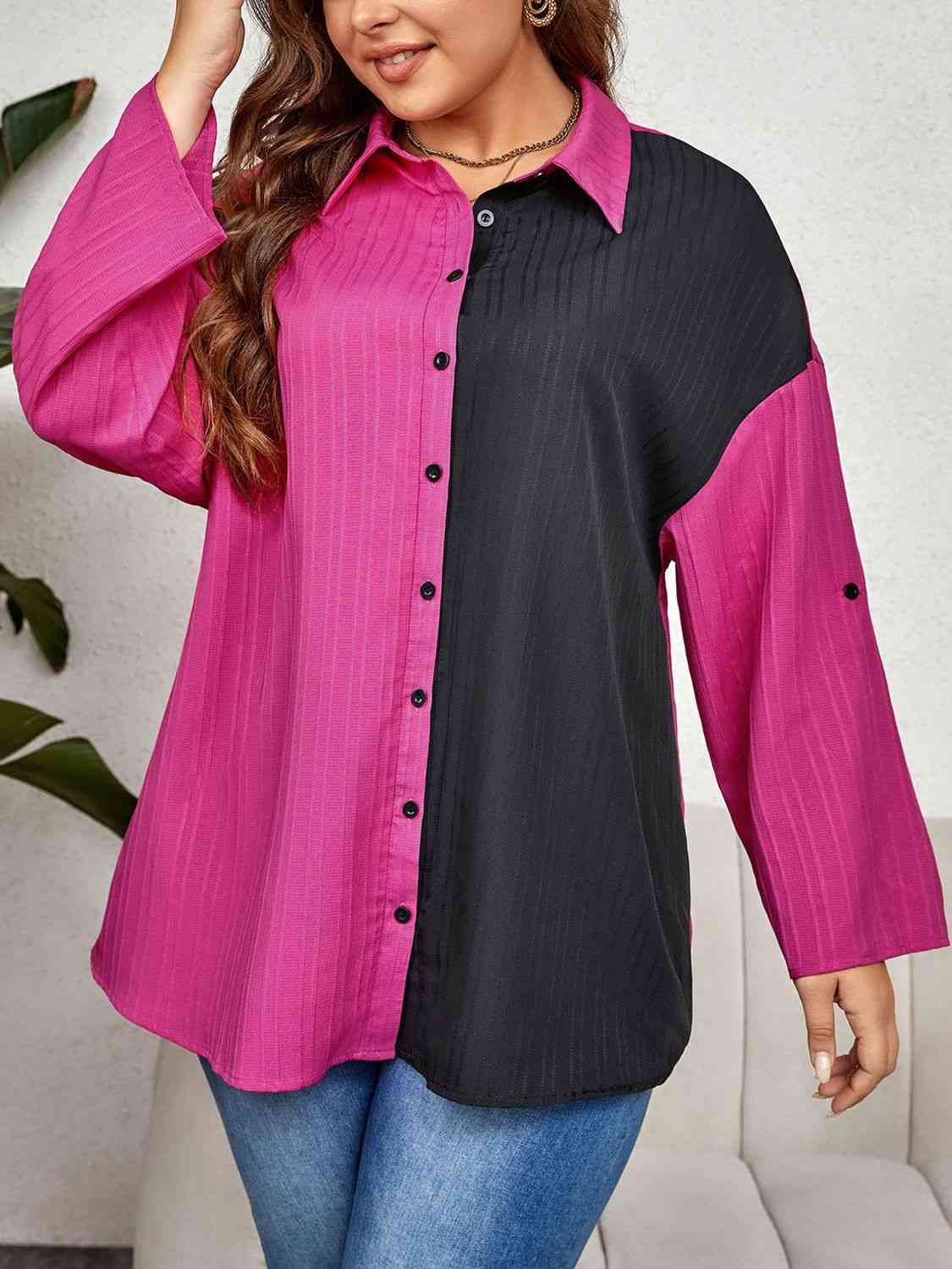 Plus Size Contrast Color Roll-Tap Sleeve Shirt - Just Enuff Sexy