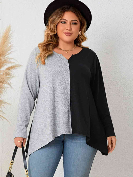 Plus Size Contrast Notched Neck T-Shirt - Just Enuff Sexy