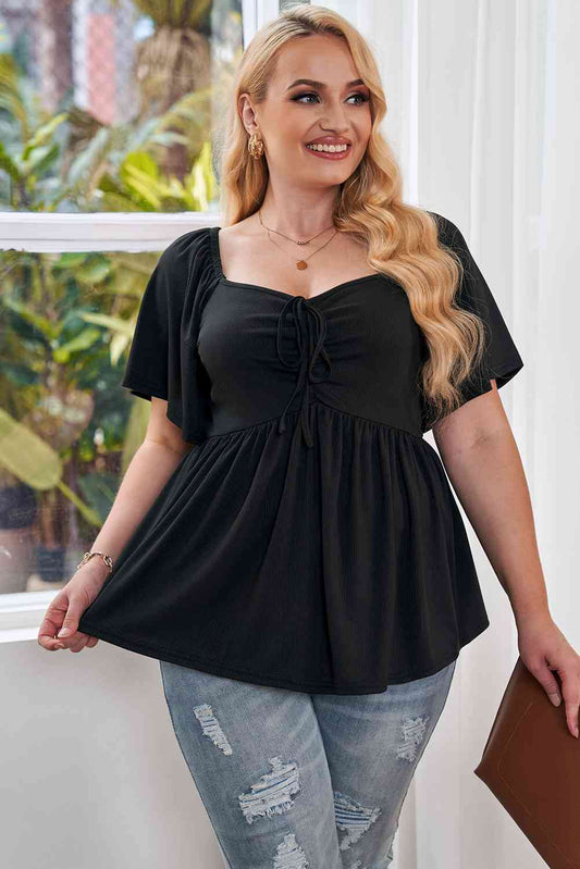 Plus Size Drawstring Sweetheart Neck Babydoll Blouse - Just Enuff Sexy