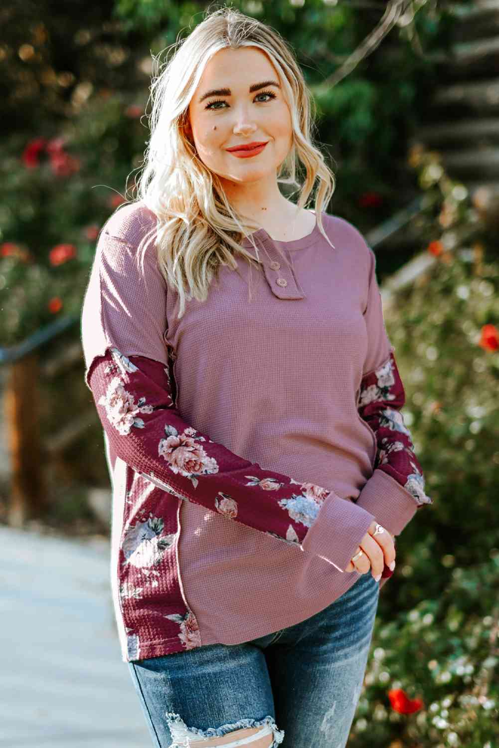 Plus Size Floral Exposed Seam Quarter-Button Henley Top - Just Enuff Sexy