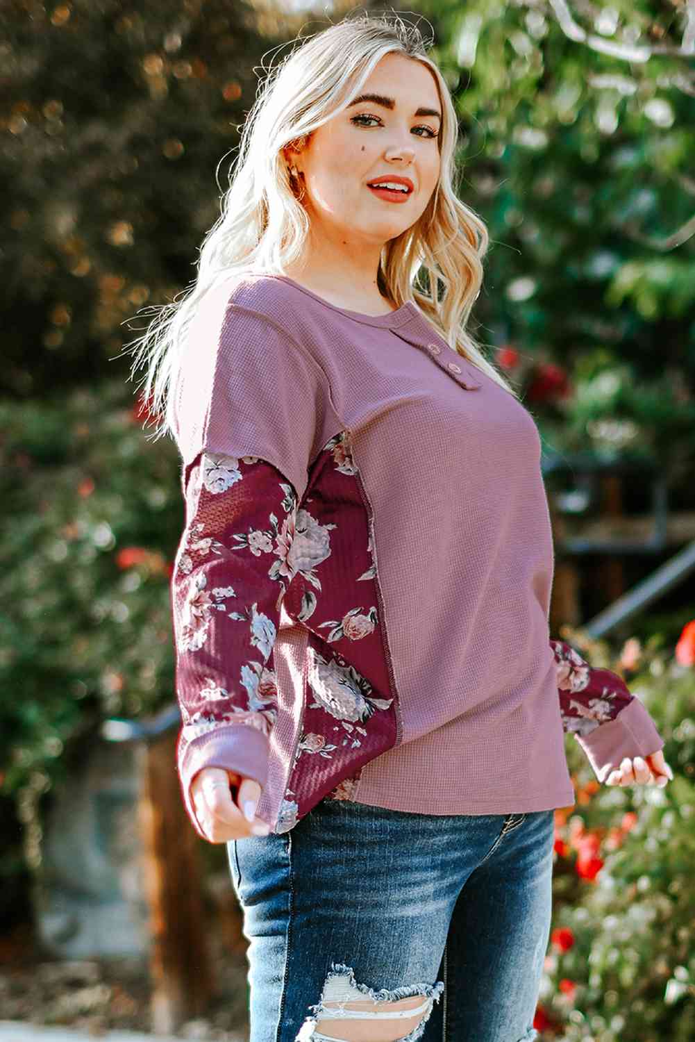 Plus Size Floral Exposed Seam Quarter-Button Henley Top - Just Enuff Sexy