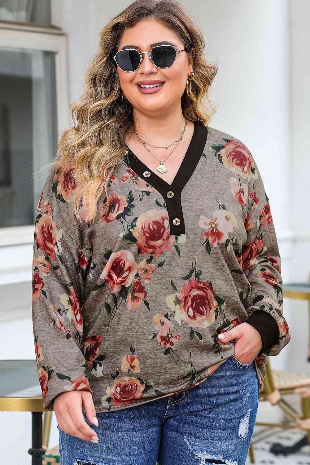 Plus Size Floral V-Neck Blouse - Just Enuff Sexy