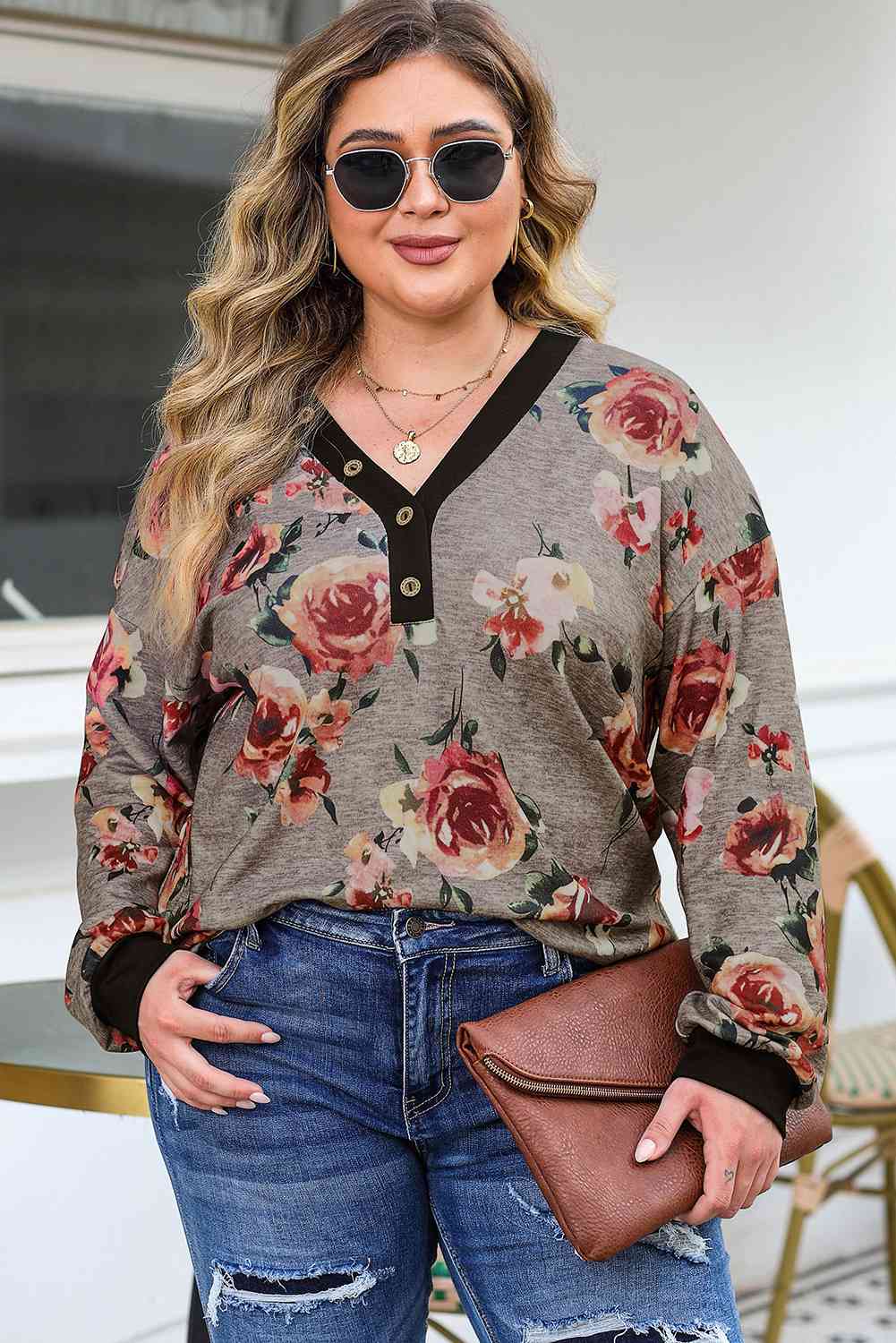 Plus Size Floral V-Neck Blouse - Just Enuff Sexy