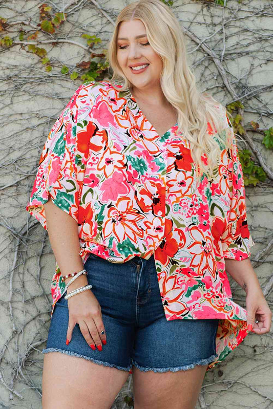 Plus Size Floral V-Neck Half Sleeve Shirt - Just Enuff Sexy