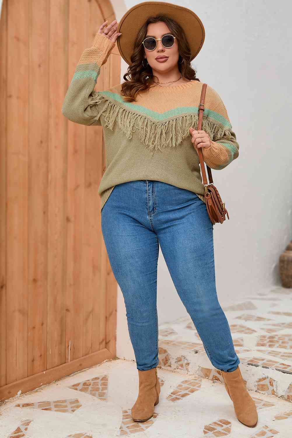 Plus Size Fringe Detail Round Neck Long Sleeve Sweater - Just Enuff Sexy