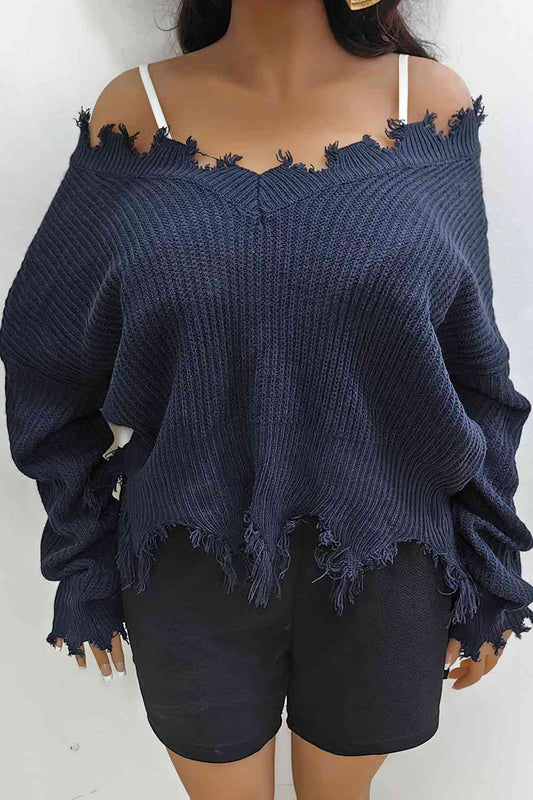 Plus Size Fringe V-Neck Raglan Sleeve Sweater - Just Enuff Sexy