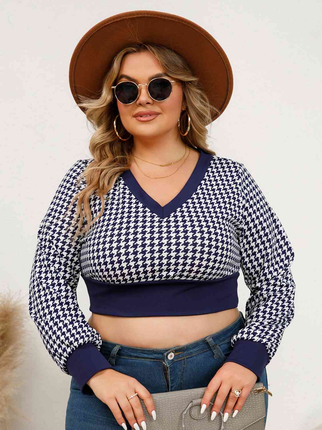 Plus Size Houndstooth V-Neck Long Sleeve Blouse - Just Enuff Sexy