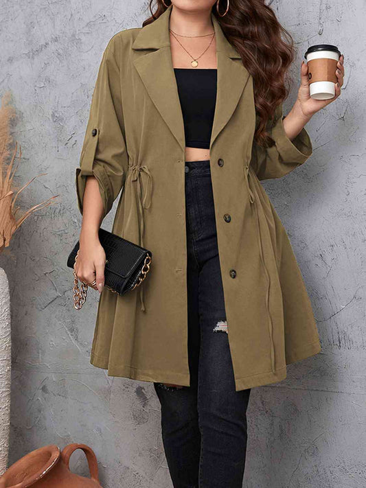 Plus Size Lapel Collar Drawstring Roll-Tab Sleeve Trench Coat - Just Enuff Sexy