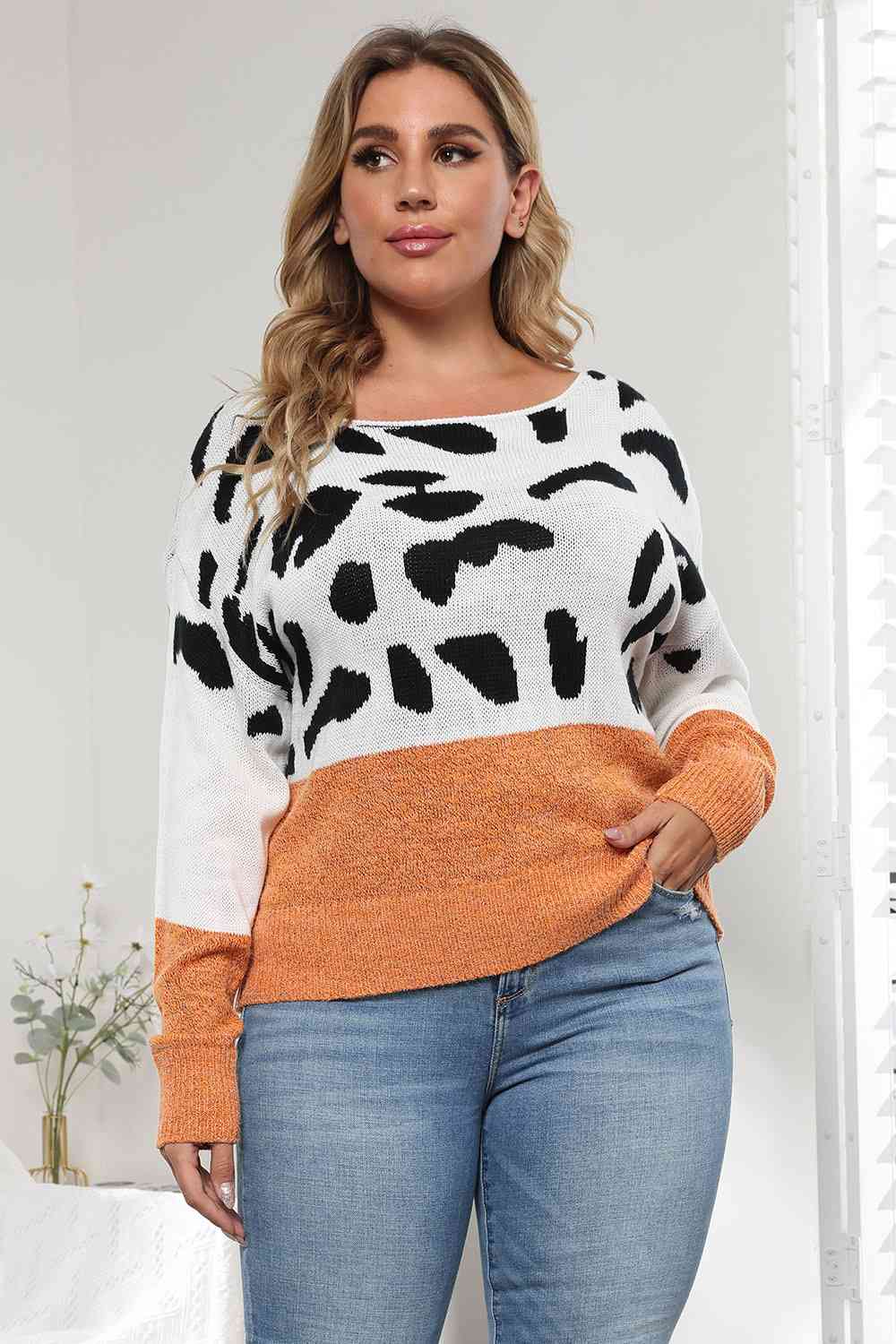 Plus Size Leopard Round Neck Long Sleeve Sweater - Just Enuff Sexy