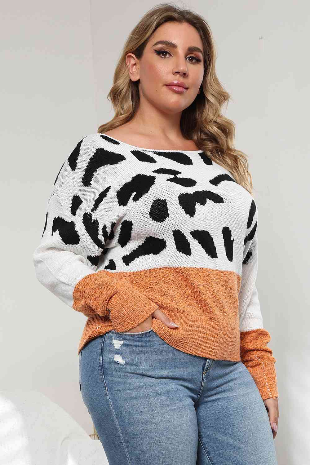 Plus Size Leopard Round Neck Long Sleeve Sweater - Just Enuff Sexy