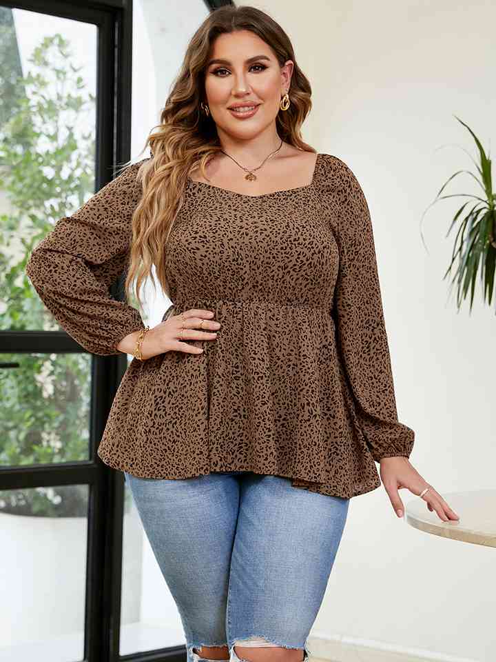 Plus Size Leopard Square Neck Long Sleeve Blouse - Just Enuff Sexy