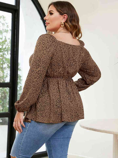 Plus Size Leopard Square Neck Long Sleeve Blouse - Just Enuff Sexy